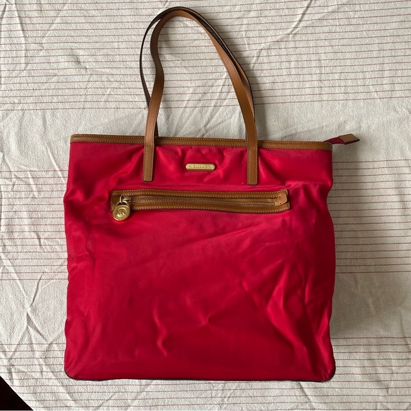 Michael Kors Red Tote Bag with Tan Leather Accents gold accents - Picture 2 of 11